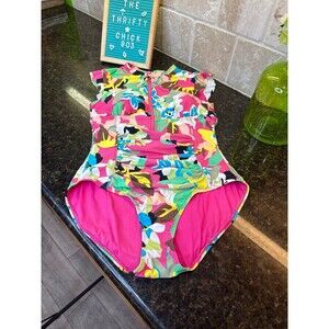 Anne Cole Flutter Sleeve Zip Front One Piece Swimsuit Tropical Floral Size 6